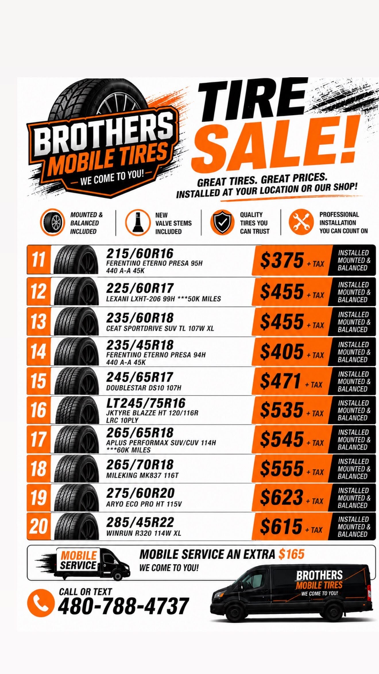 Brothers Mobile Tires sale flyer with sizes 215/60R16 through 285/45R22 and installed prices